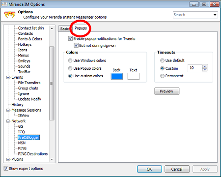 Miranda-IM twitter Popups